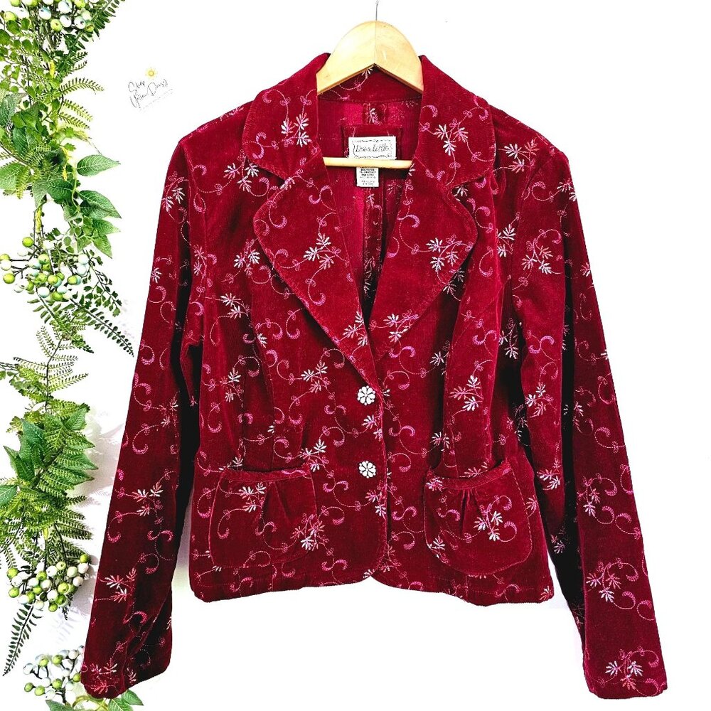 Y2K Live a Little Corduroy Blazer Burgundy‎ Red Floral Embroidered Jacket PL